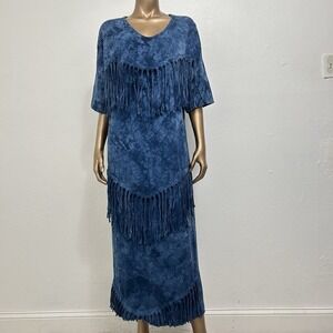 Vintage 80s Blue Tie Dye Tiered Fringe Maxi Tee Shirt Dress  M/L Cowgirl, Boho